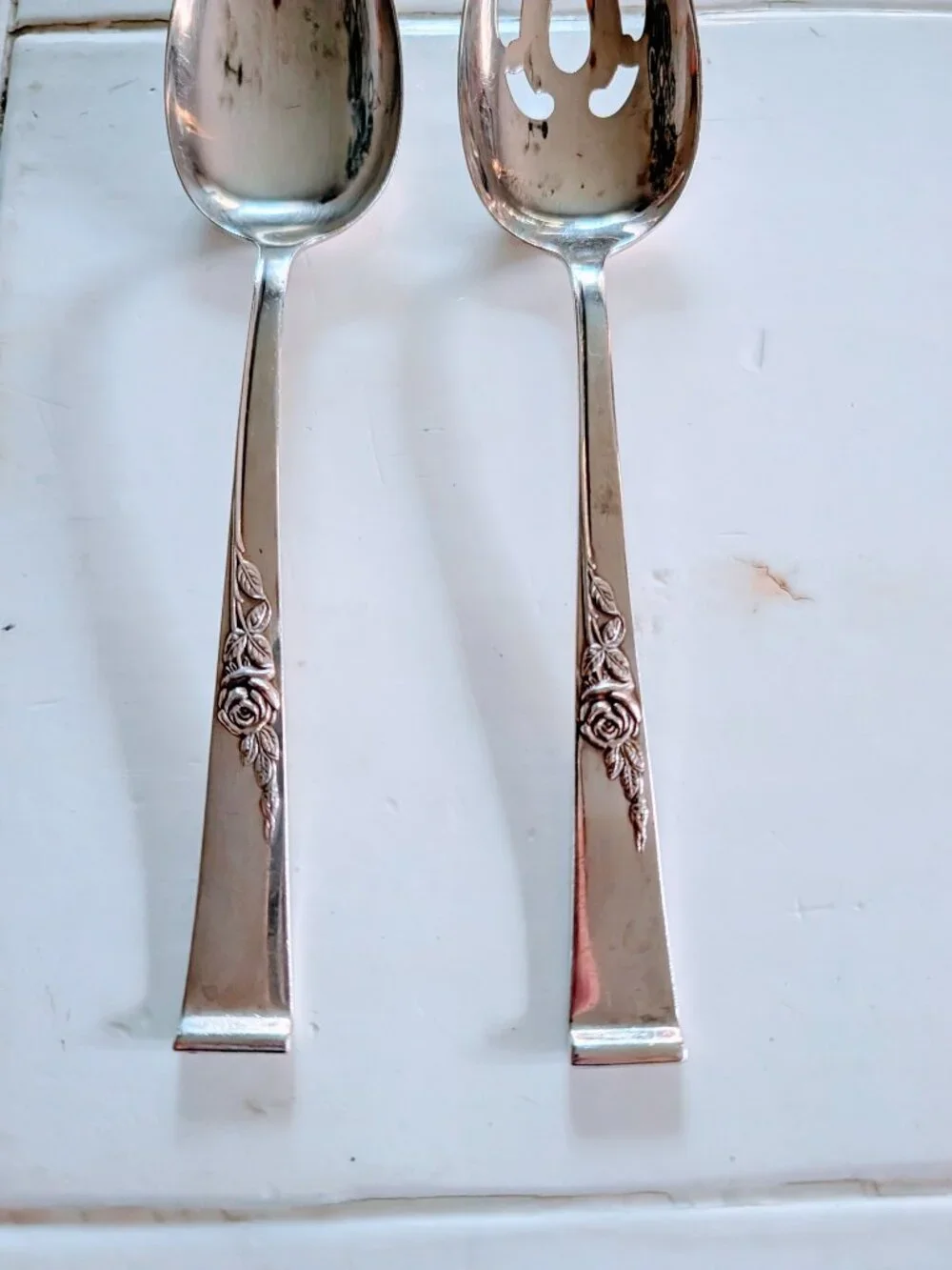 VTG 2 pc Reed & Barton Classic Rose Sterling Silver Table Serving Spoon Pierced